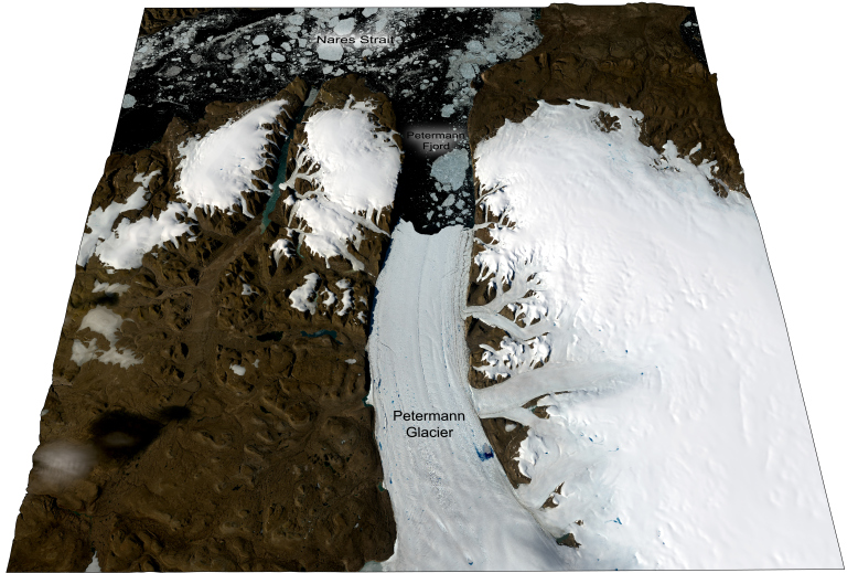 Petermann Glacier and Fjord, view looking approximately NW. Landsat 8 OLI imagery (NASA) projected on the GIMP 30 m resolution digital elevation model [4]. 5x vertical exaggeration.  From the Petermann Glacial History Blog.